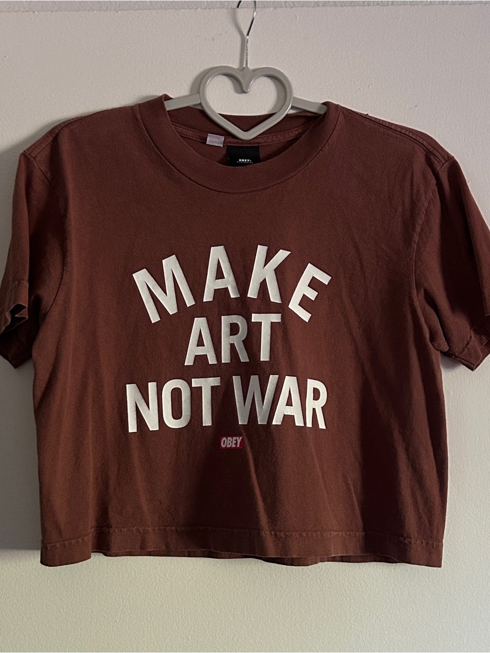 Obey Women's 'Make Art Not War' Cropped T-Shirt in Deep Brown